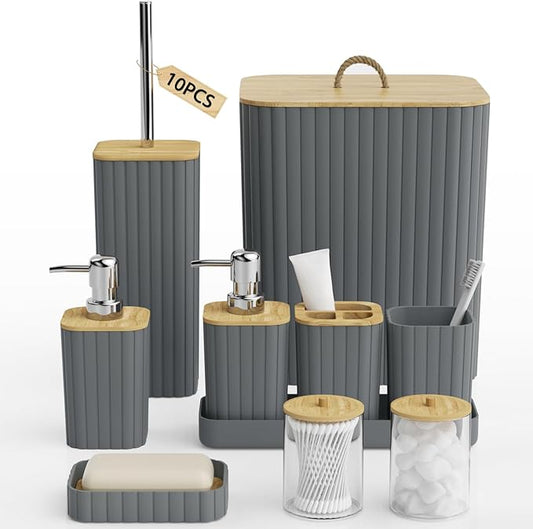 Bathroom Accessories Set - 10PC Bathroom Set, Grey Bathroom Set, Bathroom Accessories Set, Toilet Brush, Bathroom Trash Can & Soap Dispenser