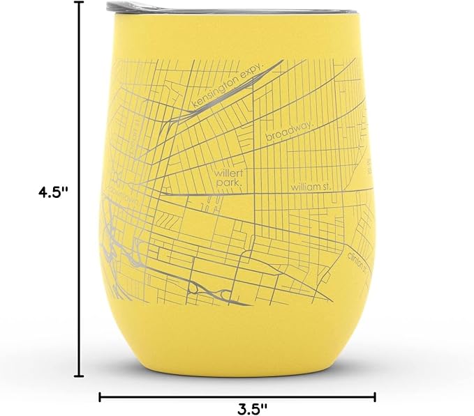 Well Told Engraved Buffalo New York Map Insulated Wine Tumbler, Etched Stainless Steel Cup (12 oz, Sunrise Yellow) City Map Insulated Tumbler, Custom Insulated Tumbler, Outdoor Drinkware
