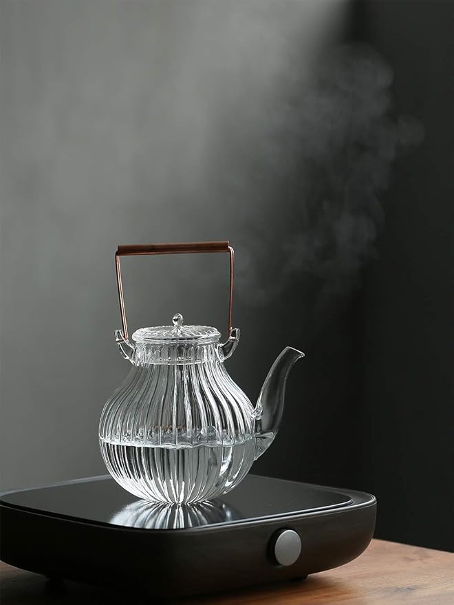 IwaiLoft Stovetop Safe Glass Teapot with Removable Infuser Fine Borosilicate Tea Pot perfect for Fruit Flowering Tea Canister Premium Quality Tea Kettle Gift IW-G086 (25OZ, LINE)