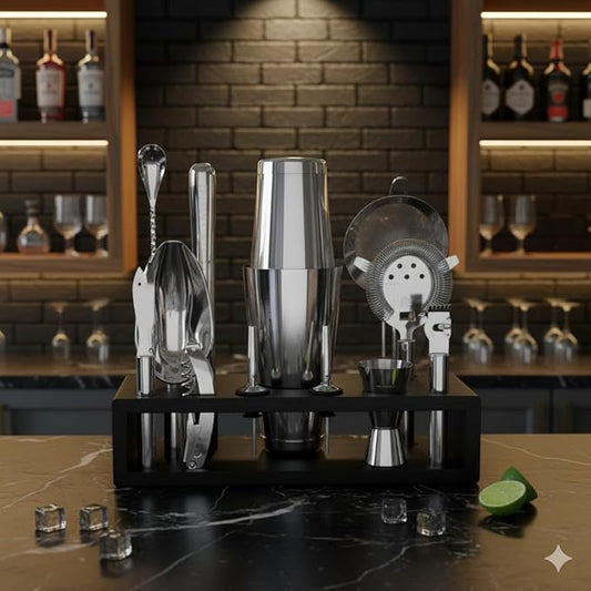 Highball & Chaser 13-Piece Boston Cocktail Shaker Set Stainless Steel Mixology Bartender Kit With Stand For Home Bar Cocktail Set | Laser Engraved Cocktail Tools | Plus E-Book with 30 Cocktail Recipes