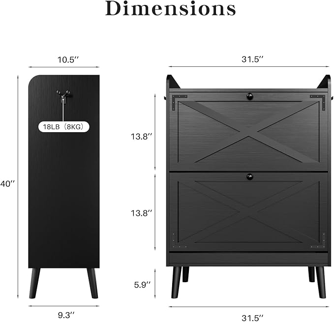 Shoe Storage Cabinet with 2 Flip Drawers & Adjustable Shelves,Narrow Shoe Cabinet Storage with Doors Side Hooks Wooden Shoe Rack Cabinet for Entryway,Hallway,Rustic Black