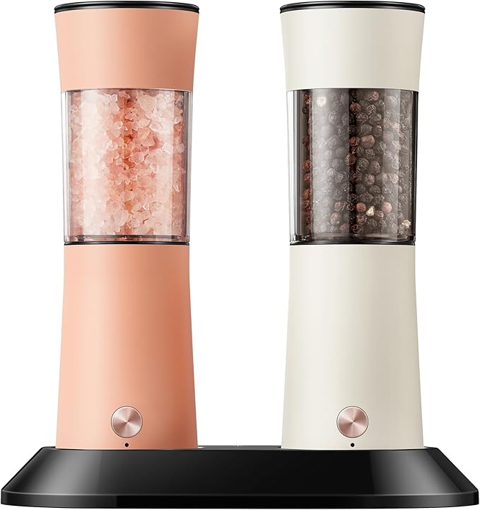 Gravity Electric Salt and Pepper Grinder Set with USB-C Charging Base,Rechargeable Automatic Stainless Steel Pepper Mill Grinder with LED Light, 2pack+Peach Orange (Peach Orange +Cream)