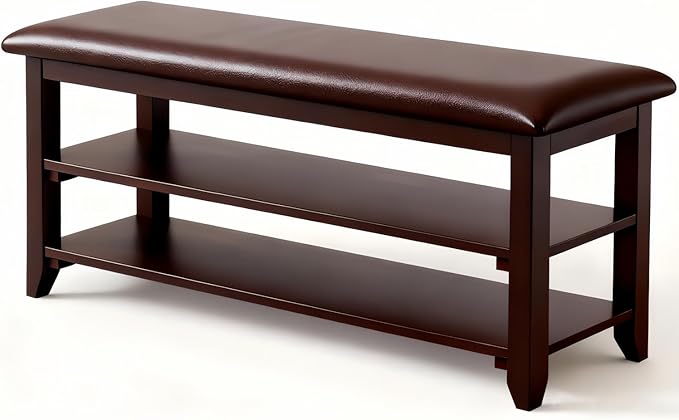 Shoe Bench Storage with Leather Cushion, Rustic Solid Wood Entryway Bench with 2 Height-Adjustable and Removable Shelves for Hallway, Living Room, Mudrooms (Dark Brown,39.4")