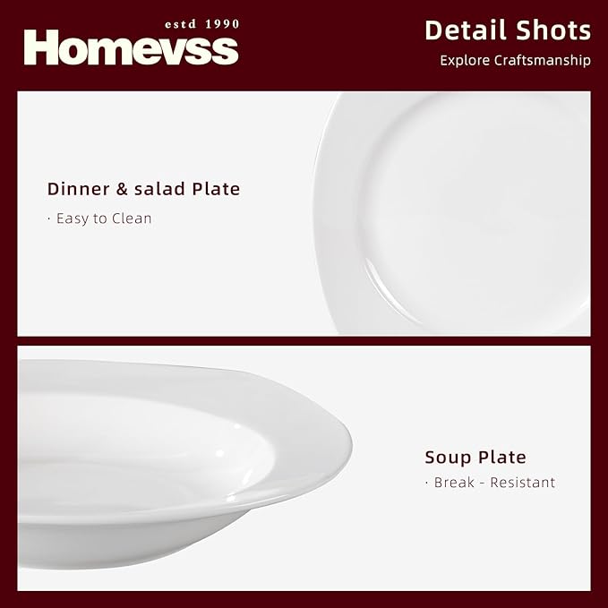 HomeVss, New Bone China Dinnerware Set, Coupe Square Shape, 20pc Set