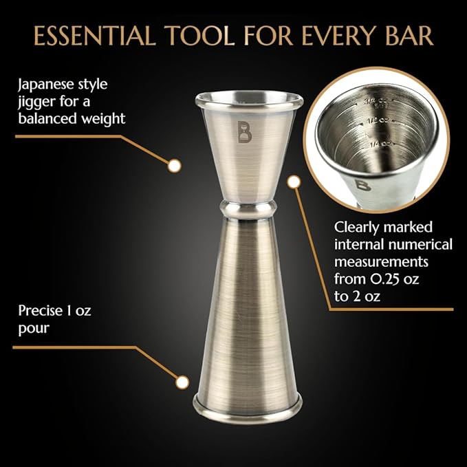 Double Japanese Jigger by Bull In China - 0.25oz to 2oz Measures for Cocktails, Bars & Bartenders (Antique Brass)