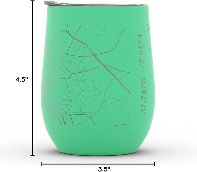 Well Told Engraved Richmond Virginia Map Insulated Wine Tumbler, Etched Stainless Steel Cup (12 oz, Sunday Green) City Map Insulated Tumbler, Custom Insulated Tumbler, Outdoor Drinkware