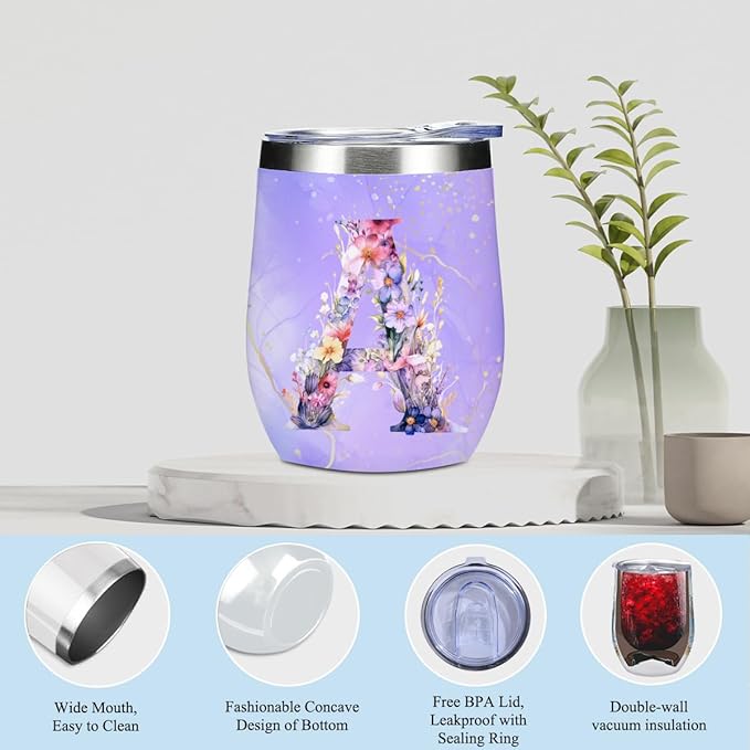 Personalized Gifts Monogrammed Birthday Gifts for Women, Bridesmaid Bachelorette Party Wedding Christmas Initial Wine Tumbler Makeup Bag Scented Candle Bracelet Set, (Aesthetic Purple Flower A)