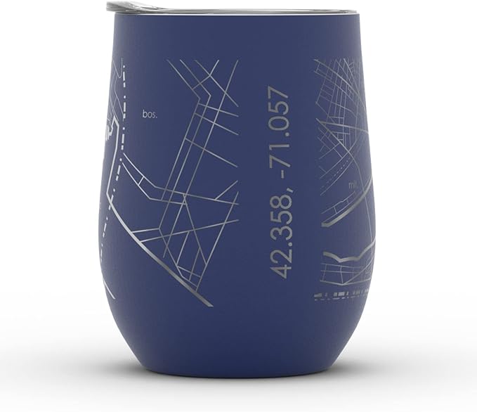 Well Told Engraved Boston Massachusetts Map Insulated Wine Tumbler, Etched Stainless Steel Cup (12 oz, Midnight Blue) City Map Insulated Tumbler, Custom Insulated Tumbler, Outdoor Drinkware