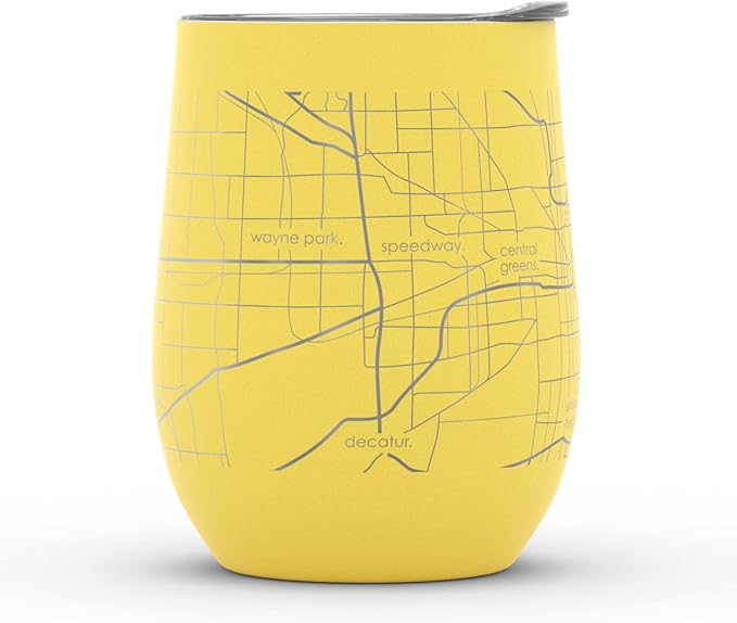 Well Told Engraved Indianapolis Indiana Map Insulated Wine Tumbler, Etched Stainless Steel Cup (12 oz, Sunrise Yellow) City Map Insulated Tumbler, Custom Insulated Tumbler, Outdoor Drinkware
