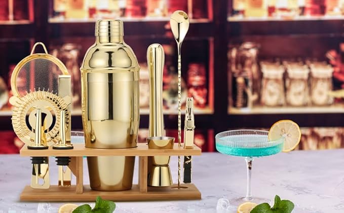 Shakers Bartending, 11Pcs-Cocktail Shaker Set Gold Drink Mixer with 25oz Martini Shaker,Muddler,Bar Spoon and More Professional for Home and Bartender.(Gold)