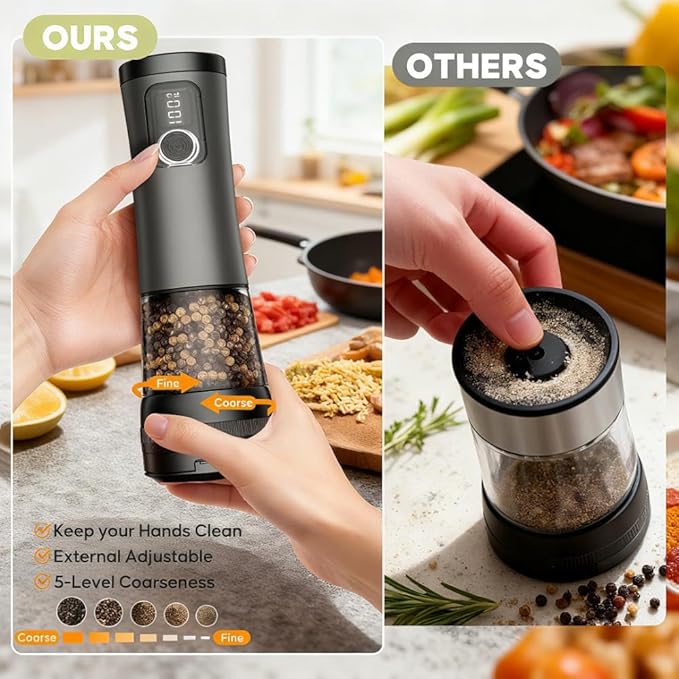 TorqueHome Electric Salt and Pepper Grinder Set - Ceramic Grinder Automatic Pepper Mills with Storage Base - Pepper Mill with 5 Level Adjustable Coarseness for Modern Kitchen