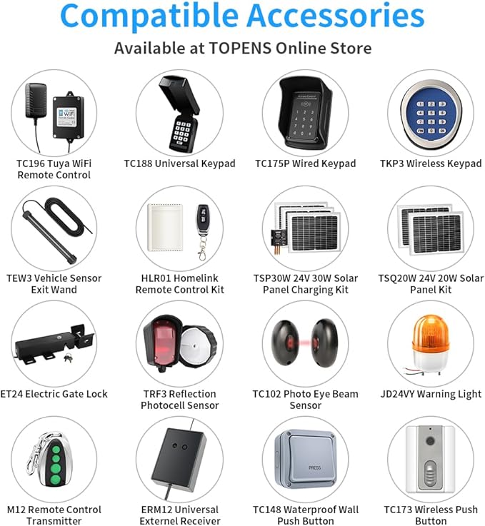 TOPENS A5S Automatic Solar Gate Opener for Medium Duty Single Swing Gates Up to 16ft, Single Swing Gate Operator Battery Powered with Remote Control Kit Gate Motor Solar Panel Included