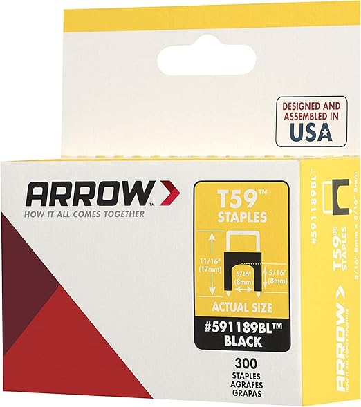 Arrow 591189BLSS Genuine T59 Stainless Steel 5/16-Inch Leg Length by 5/16-Inch Crown Width Insulated Staples for Cable and Wiring, Black, 300 Count