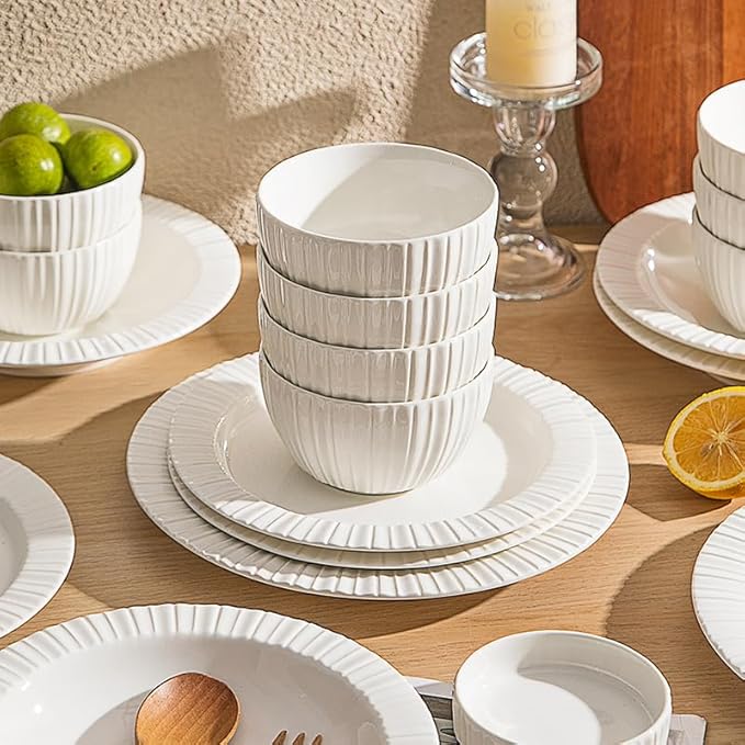 12-Piece White Ceramic Dinnerware Set - Rhine Series, Service for 4, Includes Bowls, Flat & Deep Plates, Microwave & Dishwasher Safe