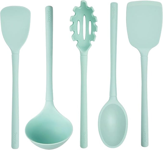 Tovolo Silicone Kitchen Utensils Set of 5 Solid Turner Spoon Pasta Claw Ladle and Scoopula Aqua Seafoam Green Silicone Cooking Utensil Set Dishwasher Safe Heat Resistant BPA Free Non Toxic Set