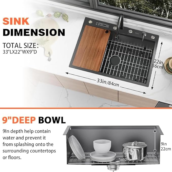 33''x22'' Kitchen Sink with Digital Display, Nano Slidable Kitchen Sinks with Knife Holder & Faucet Combo Set, Drop-in Stainless Steel Single Bowl Workstation Sink with Accessories, Black