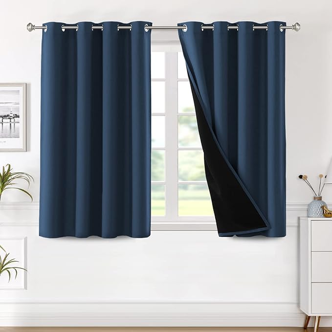 H.VERSAILTEX 100% Blackout Curtain Panels 45 Inches Long Thermal Insulated Blackout Lined Curtains for Bedroom Two Layers Full Light Blocking Drapes for Living Room, 2 Panels, Navy Blue