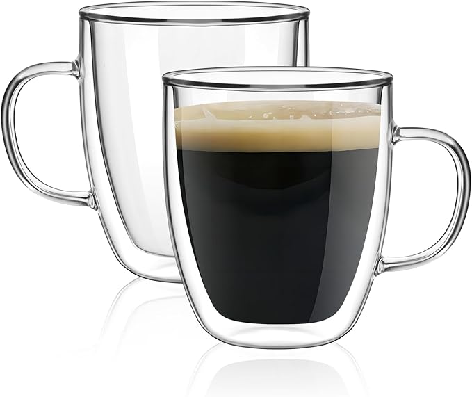 Double Wall Glass Coffee Mugs 350ml / 12oz – Set of 2 Insulated Clear Cups for Espresso, Latte, Cappuccino, Tea, Hot or Cold Drinks (15oz set of 2)