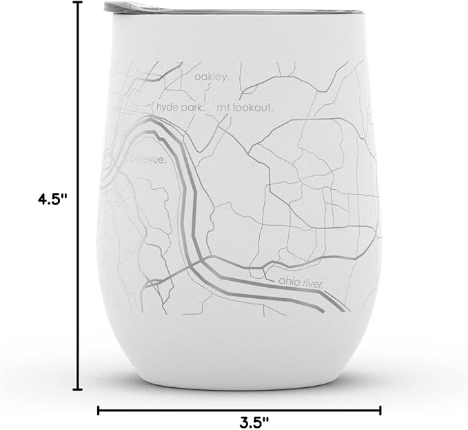 Well Told Engraved Cincinnati Ohio Map Insulated Wine Tumbler, Etched Stainless Steel Wine Tumbler (12 oz, White) City Map Insulated Tumbler, Custom Insulated Tumbler, Outdoor Drinkware