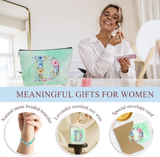 Personalized Gifts Monogrammed Birthday Gifts for Women, Niece Auntie Boss Teacher Appreciation Christmas Initial Wine Tumbler Makeup Bag Scented Candle Bracelet Set, (Aesthetic Green Flower D)