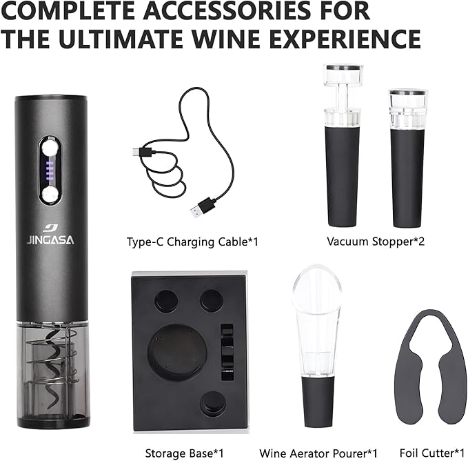 Electric Wine Opener Set With Base– Rechargeable Wine Bottle Opener Kit with Foil Cutter, 2 Vacuum Stoppers, and Wine Pourer – Best Wine Gift Set, Fancy Wine Opener for Wine Lovers and Parties