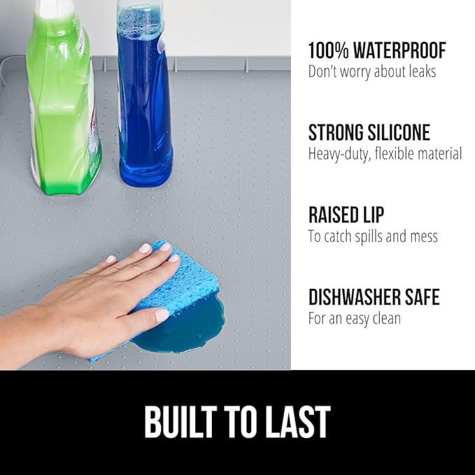 GORILLA GRIP Waterproof Silicone Under Sink Mat with Raised Lip for Kitchen and Bathroom, Cabinet Shelf Liner Stay in Place Mats Dishwasher Safe Drawer Liner, Organizer Tray, 19 x 22 in, Light Grey