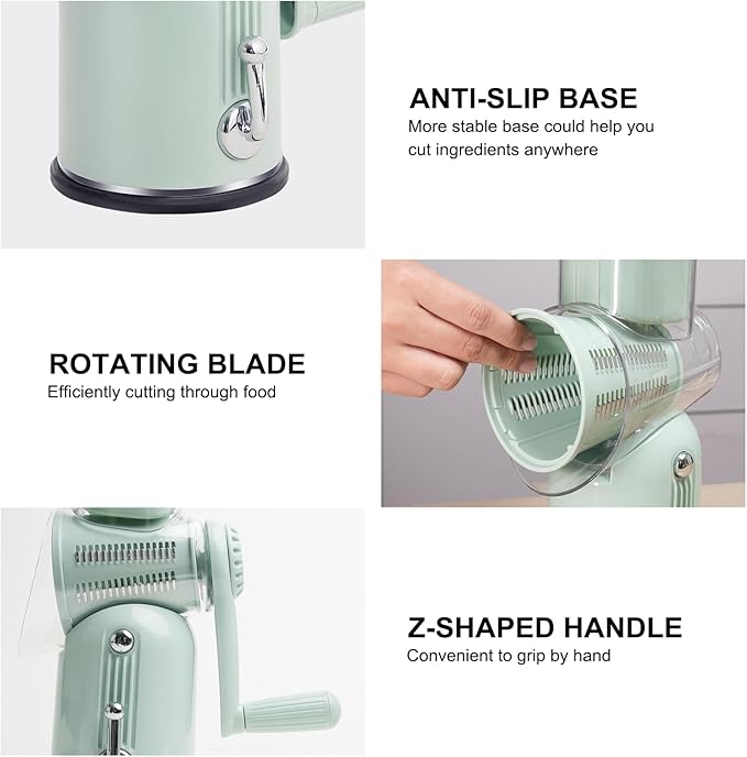 Rotary Cheese Grater Hand Crank with 5-in-1 Interchangeable Blades & Strong Suction Base Vegetables Shredder Manual Slicer for Kitchen, Green