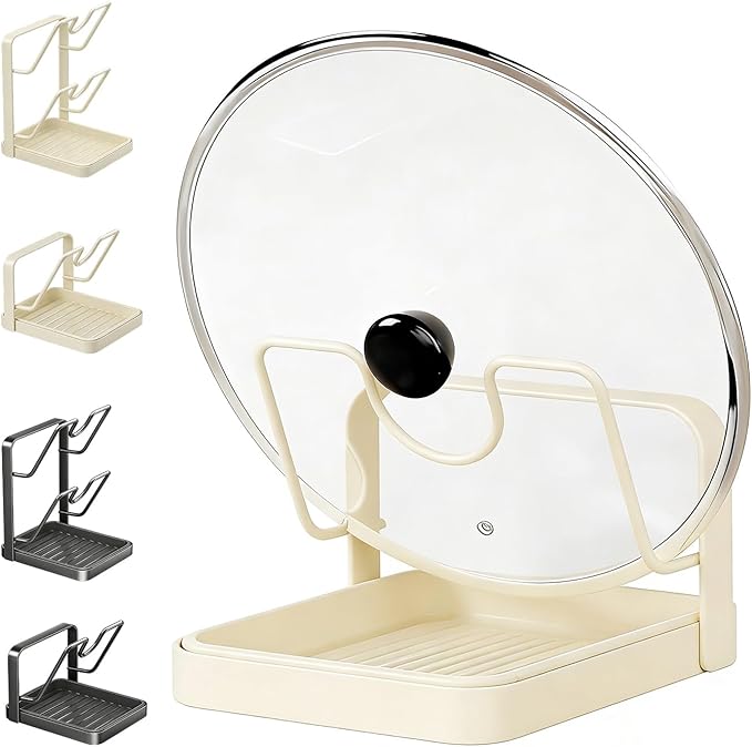 Kitchen Pot Lid Storage Rack, Pot Lid Holder While Cooking with Tray, Multifunctional Holder and Spoon Rest, Pot Lid Organizer Rack for Stove Top Countertop, Pot Keeper Collector (White-Single-layer)