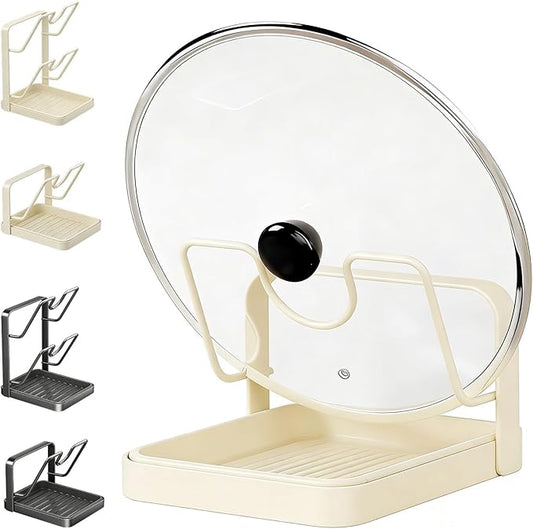 Kitchen Pot Lid Storage Rack, Pot Lid Holder While Cooking with Tray, Multifunctional Holder and Spoon Rest, Pot Lid Organizer Rack for Stove Top Countertop, Pot Keeper Collector (White-Single-layer)