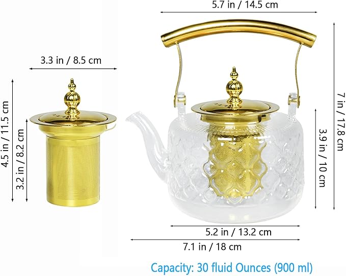 High Borosilicate Glass Teapot, 30 oz Thickened Heatproof Glass Teapot with Removable Stainless Steel Infuser and Lid, Stovetop Safe Tea Kettle, Hand Crafted Kettle, for Women and Adult