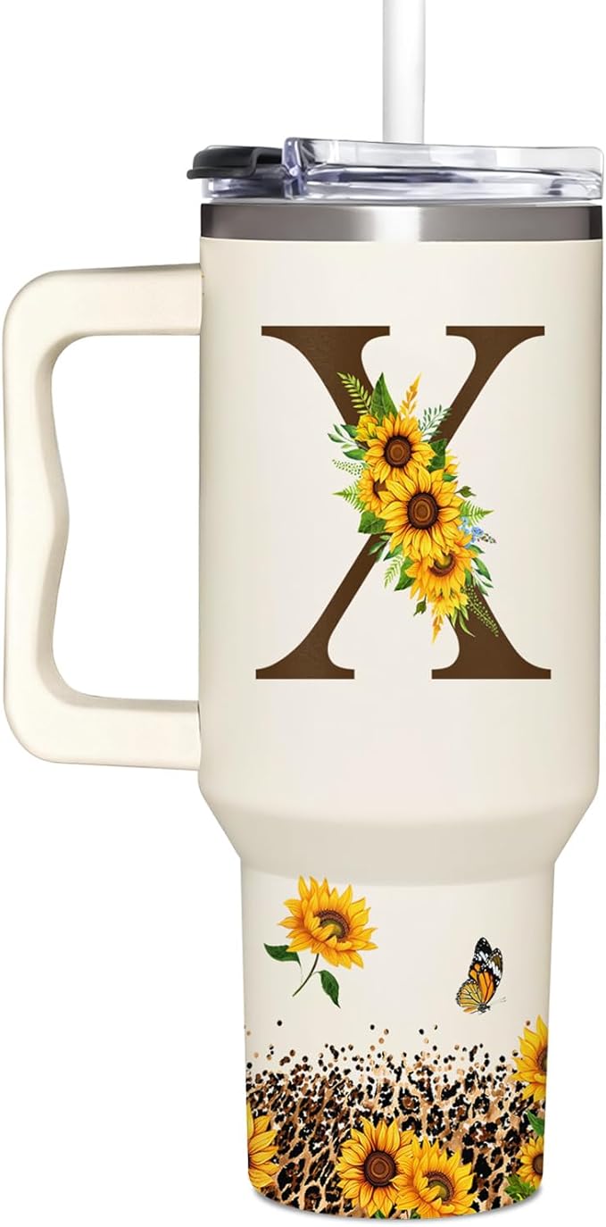 Personalized Birthday Gifts For Women - Sunflowers Monogrammed Cup For Boss Day, Christmas - Customized Gifts For Women, Mom, Wife, Coworkers, Boss Lady, Her - Custom Tumbler With Handle 40oz
