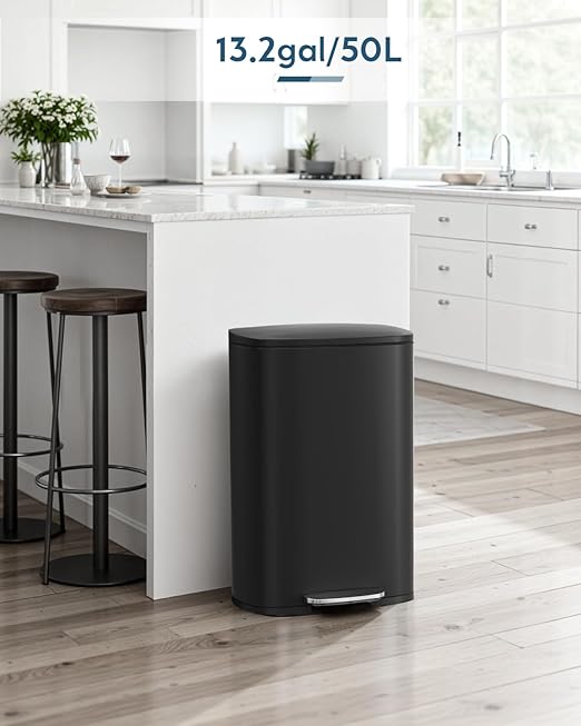 Arlopu 13.2+1.3 Gallon Step Trash Can, Stainless Steel Garbage Bin, Soft-Close Rubbish Bin with Removable Plastic Inner Bucket, Fingerprint-Proof, Lid Dustbin, for Kitchen Home (Black)