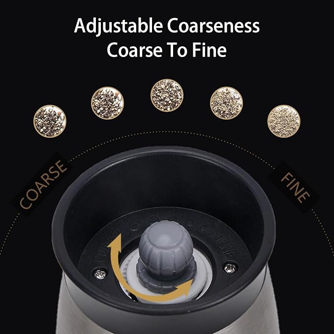 Electric Salt and Pepper Grinder Set with Safe Base, Automatic Mill by Gravity,Adjustable Coarseness with LED,Larger Rechargeable Battery,Easy filling,2 Pack Kitchen Tools