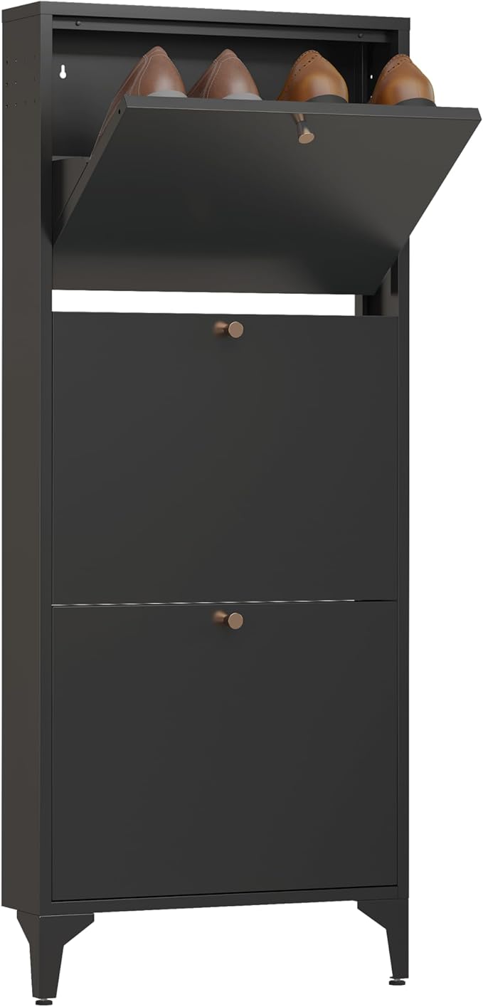 Shoe Cabinet with 3 Flip Drawers, 19" W Narrow Shoe Storage Cabinet, Farmhouse Shoe Organizer, Freestanding Organizer with Metal Legs for Entryway, Foyer (Narrow 3-Door, Black)