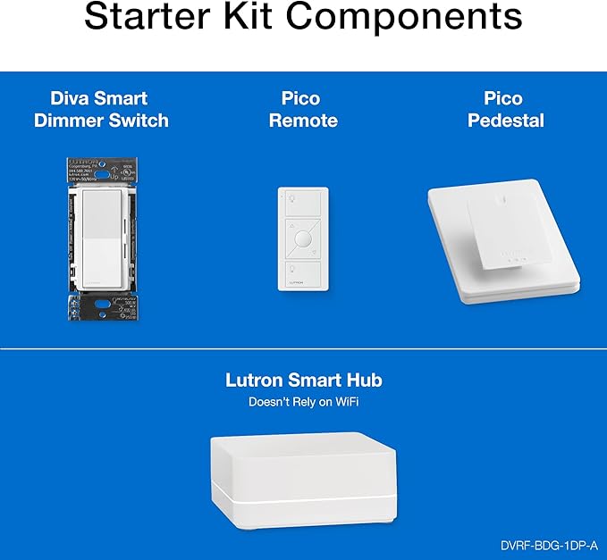 Lutron Diva Smart Dimmer Switch Kit for Caseta Lighting w/ Hub, Pico Remote & Pedestal, Smart Dimmer Works with Apple Home, Ring, Google Home, 3 Way, DVRF-BDG-1DP-A