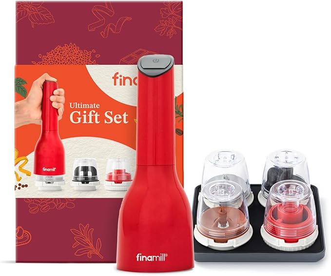 FinaMill Ultimate Gift Set – Battery Operated Spice Mill with 4 Interchangeable Spice Pods & Slate Quartet Stackable Tray, Adjustable Coarseness, Ceramic Grinder, LED Light, Easy One-Handed Operation