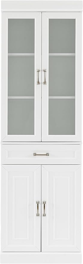 Crosley Furniture Stanton Glass Door Pantry Storage Cabinet with Shelves, Kitchen, Dining, or Laundry Room, White