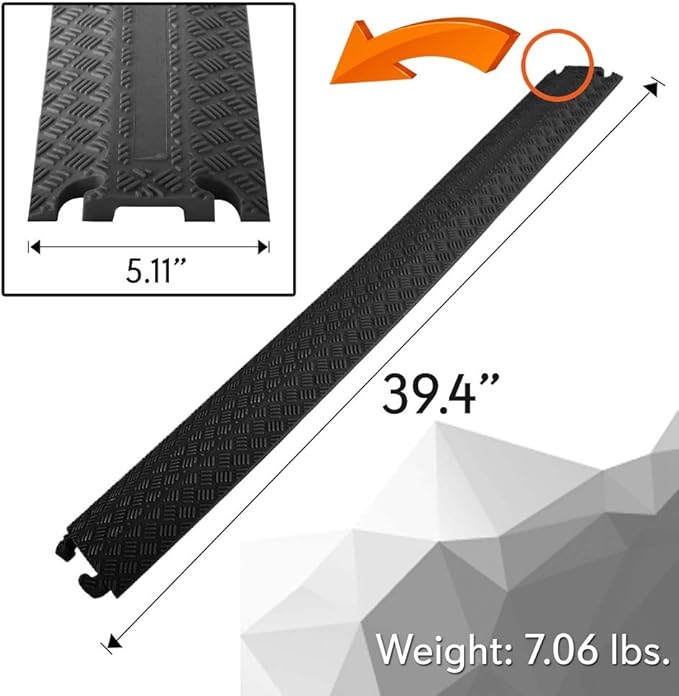 Pyle Durable Cable Protection Ramp Cover - Supports 11000lbs Single Channel Heavy Duty Hose and Cord Track Floor Protection, 39.4” x 5.11” x 0.78” Cable Concealer for Indoor Outdoor Use PCBLCO101BK