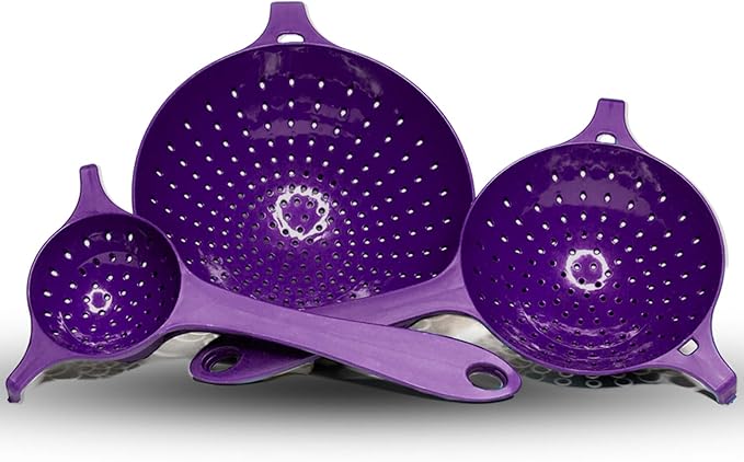 Crisp 3 Piece Nesting Strainer Set - Plastic, Durable Kitchenware, Dishwasher Safe - Made in the USA - Purple