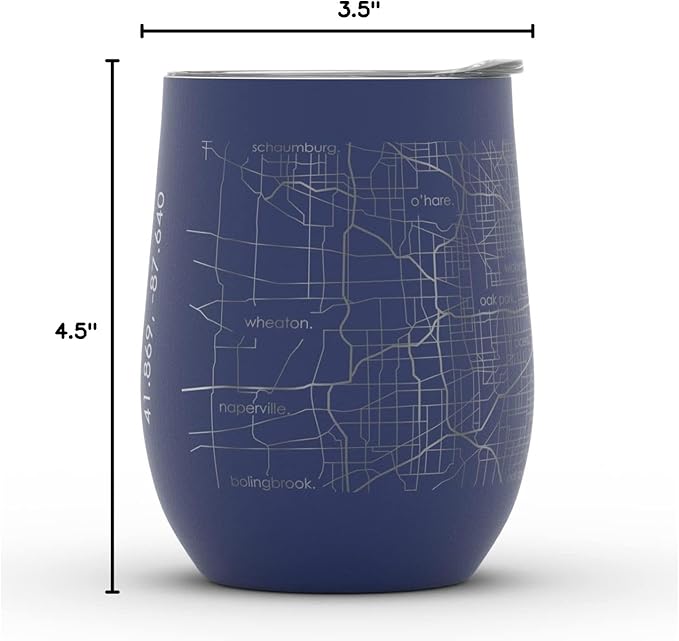 Well Told Engraved Chicago Illinois Map Insulated Wine Tumbler, Etched Stainless Steel Cup (12 oz, Midnight Blue) City Map Insulated Tumbler, Custom Insulated Tumbler, Outdoor Drinkware