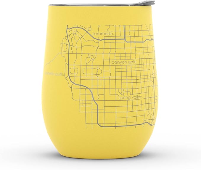 Well Told Engraved Las Vegas Nevada Map Insulated Wine Tumbler, Etched Stainless Steel Cup (12 oz, Sunrise Yellow) City Map Insulated Tumbler, Custom Insulated Tumbler, Outdoor Drinkware