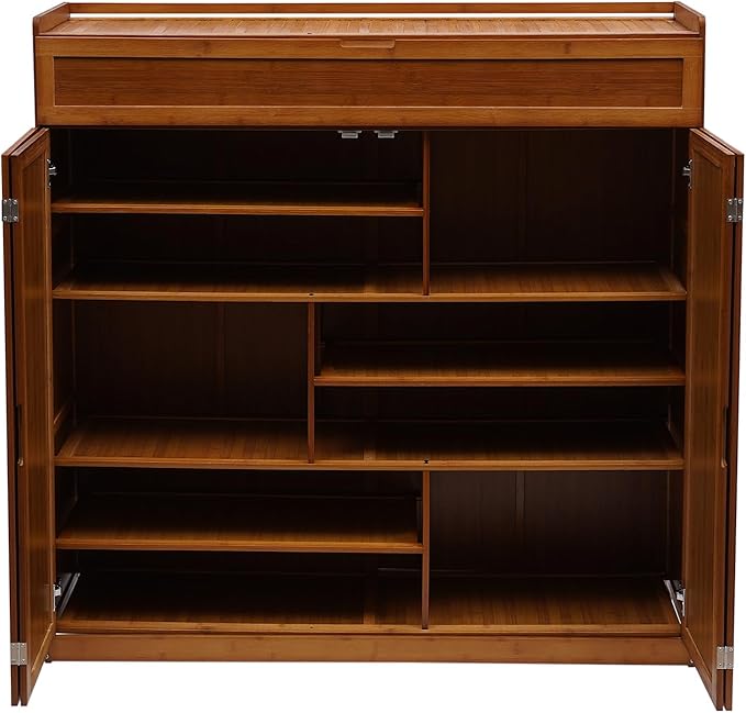 7 Tier Shoe Cabinet, 46 * 13 * 45.3in Entryway Shoe Storage Cabinet Large Bamboo Shoe Storage Cabinets Free Standing Shoes Rack with Doors for Entryway Living Room