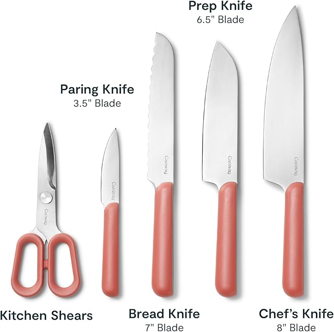 Caraway 5 Piece Knife Set - Premium German Steel Blade Kitchen Knives - Ergonomic Handles - No Microplastics - Perracotta