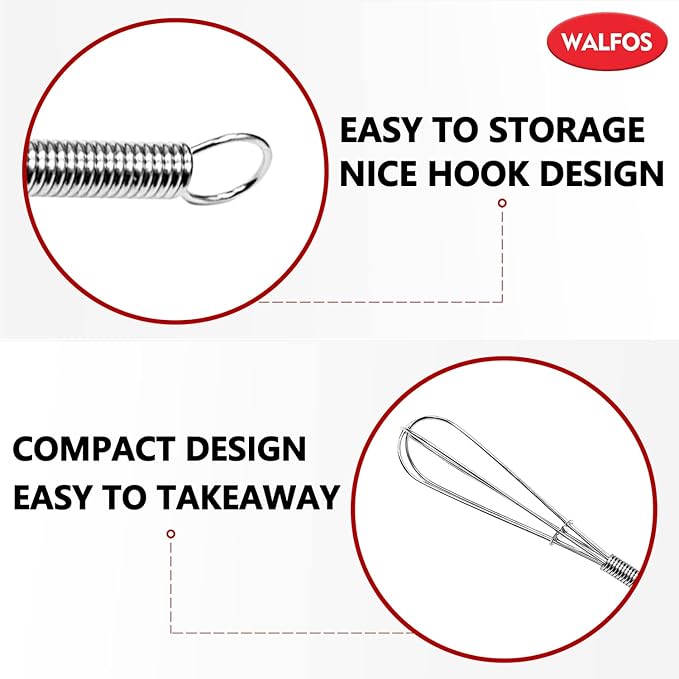 Walfos Mini Whisks Stainless Steel, Small Whisk 2 Pieces, 5in and 7in Tiny Whisk for Whisking, Beating, Blending Ingredients, Mixing Sauces