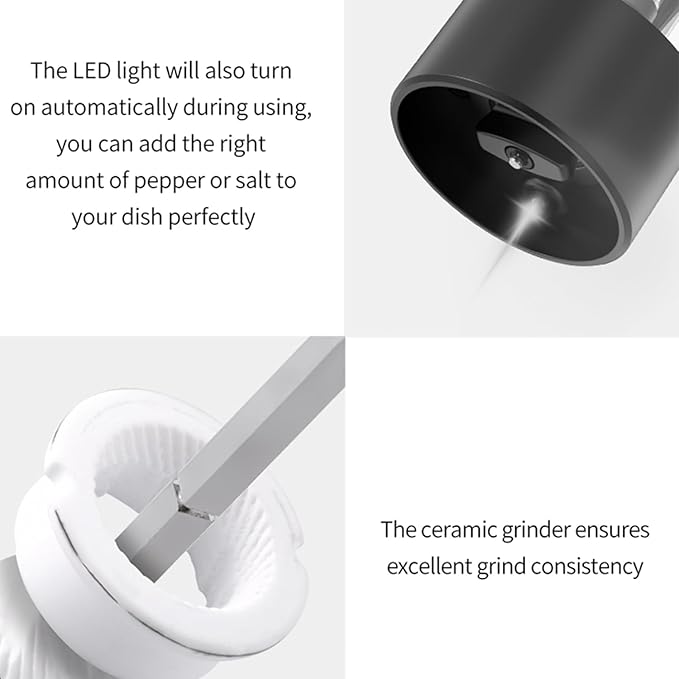 RECHARGEABLE - Electric Pepper and Salt Grinder Set, Adjustable Coarseness, With LED Light, One Hand Automatic Operation (A/Black)