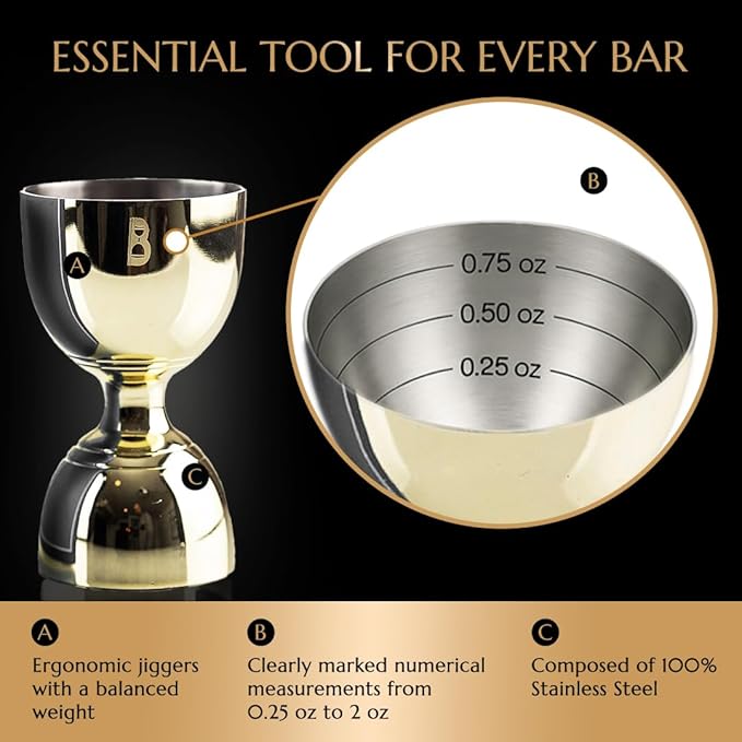 Double Bell Jigger by Bull In China - 0.25oz to 2oz Measures for Cocktails, Bars & Bartenders (Gold)