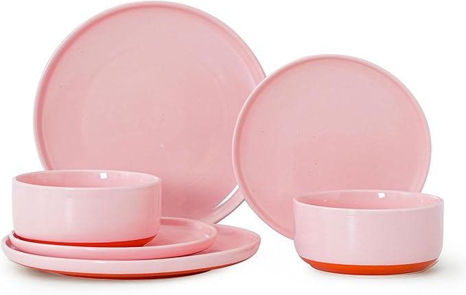 6 Piece Dinnerware Sets for 2, Dual Glaze Stoneware Plates and Bowls Set, Microwave and Dishwasher Safe, Pink