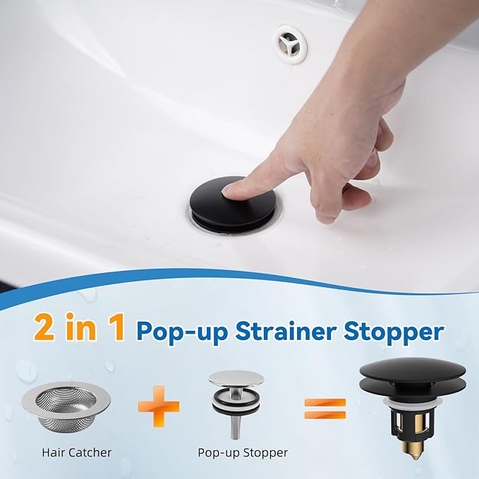 iFealClear Universal Black Bathroom Sink Stopper, Metal Pop Up Sink Drain Strainer with Hair Catcher, Fit 1.1"-2.36" US Basin, Wash Basin Drain Plug, Big Cover Cap, Brass Bounce Core, Matte Black