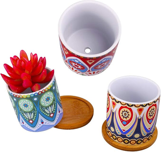 4 Pcs Colorful Mini Ceramic Cylinder Succulent Plant Pots with Bamboo Trays, Thumb Flower Pots for Small Plants and Decorative Objects - Colorful Mandala Styles
