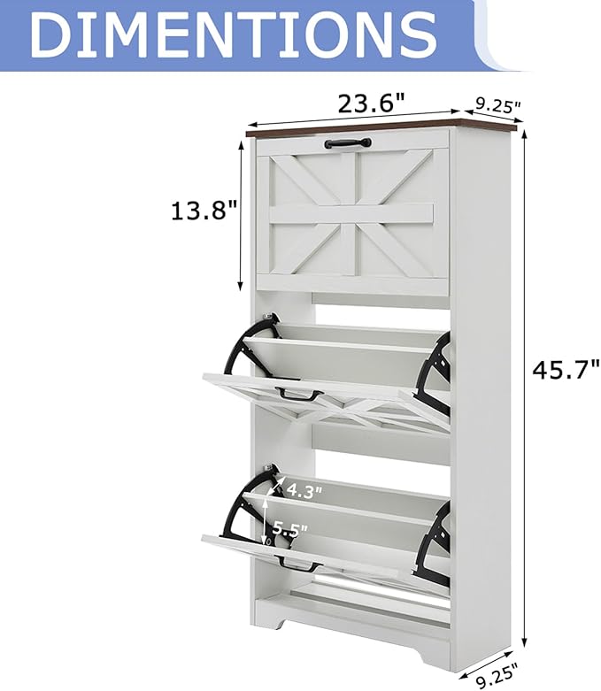 Shoe Storage Cabinet with 3 Flip Drawers, Farmhouse Shoe Organizer with Barn Door Design, Space-Saving Hidden Narrow Shoe Rack Cabinet for Entryway, Hallway & Foyer，White